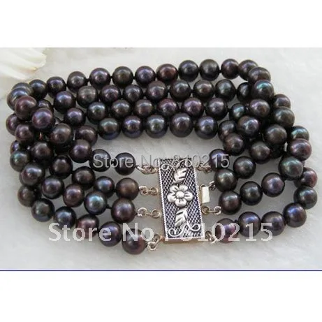 

Stunning 4 Rows AAA 7-8MM Round Shaper Black Color Genuine Freshwater Pearls Bracelet Fashion Pearl Jewelry New Free Shipping