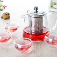 1х 5в1 кунг-фу Кофе Чай Set-500ml конической формы стеклянный цветочный чайник с фильтром для заварки из нержавеющей стали+ 4* двухслойная чашка