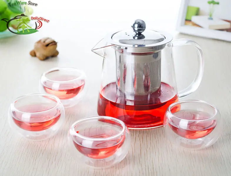 

1x 5in1 Kung fu Coffee Tea Set-500ml Conic Shape Glass Flower Tea Pot w/Stainless Steel Infuser Filter +4* Double Wall Layer Cup