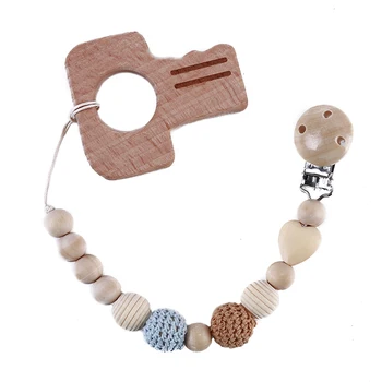 

Neutral Color Baby Pacifier Clip Holder With Beech Key Shaped Pendant Dummy Holder Crochet Beads Baby Gift