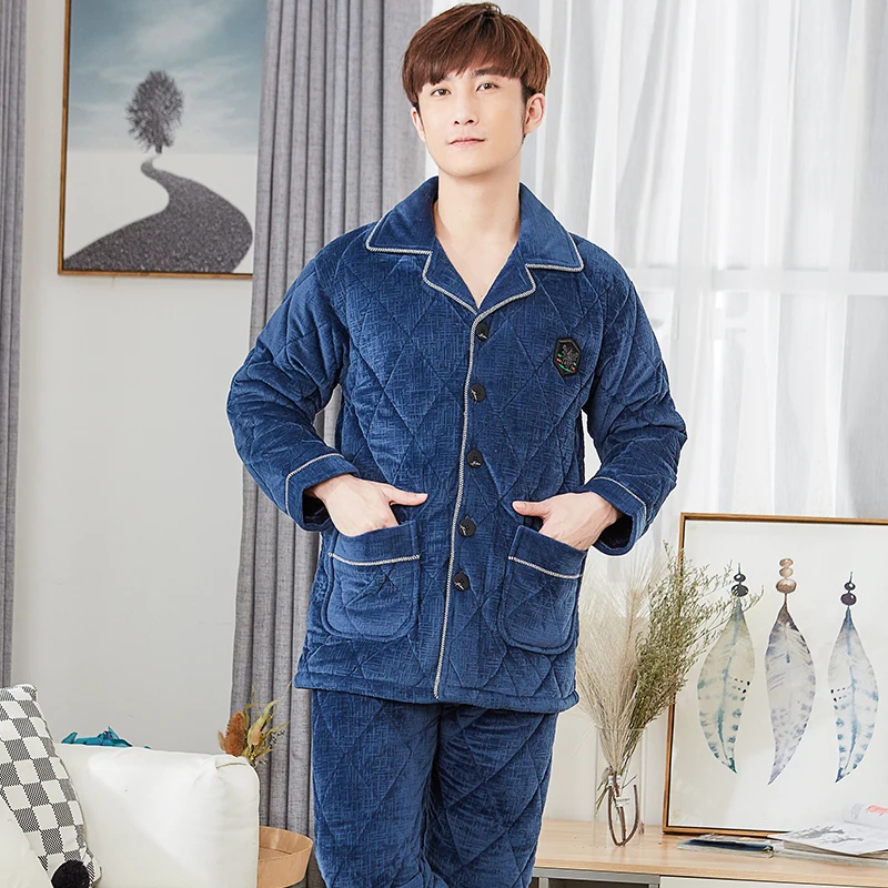 J&Q New Pjs Men Thick Mens Fleece Pajamas Warm Pijama Hombre Winter