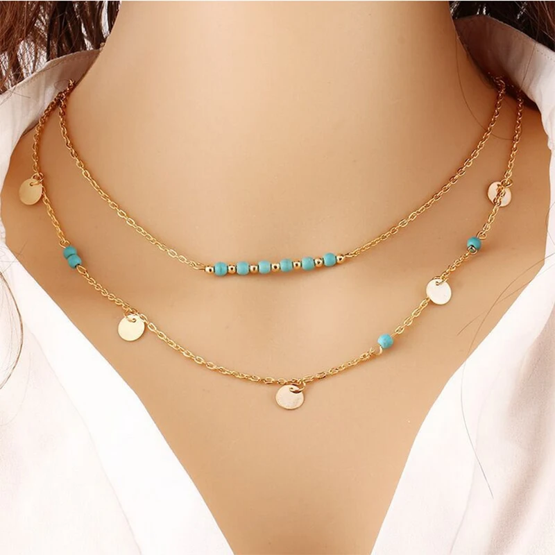 Choker Necklace Silver Coloured Multi 3 Layer Moon Bead Chain Drop Women Woman