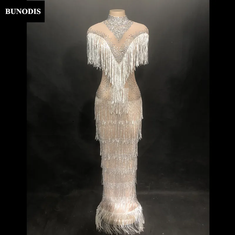 

ZD409 Women Skin Color Sexy Silver Tassel Long Type Skirt Sleeveless Full Sparkling Crystals Nightclub Party Stage Wear