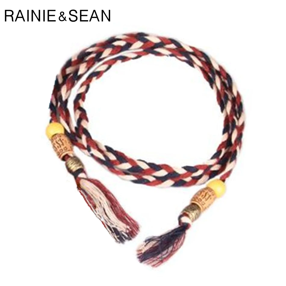 

RAINIE SEAN Womens Braided Belt Thin Tassel Leather Ethnic Style Women Belt Contrast Color Fashion Ladies Belts For Dresses