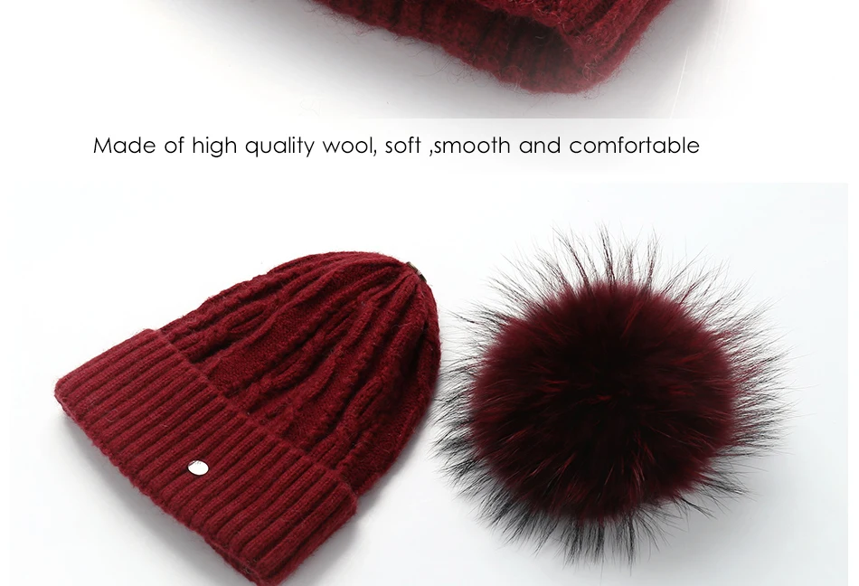Woman Winter Hats Wool Skullies Beanie Raccoon Fur Pom Pom Stripe Knitted Hat Female Autumn Skullies Beanies  (6)