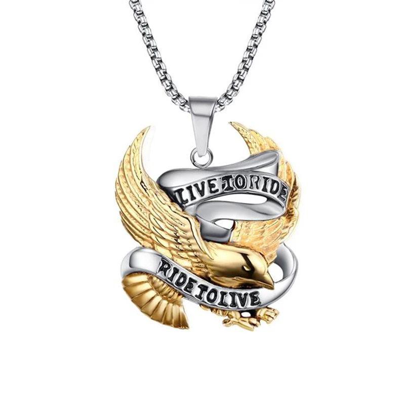 

Eagle Pendant Necklace for Men Stainless Steel Metal Jewelry LIVE TO RIDE Necklace Biker Hero Necklace