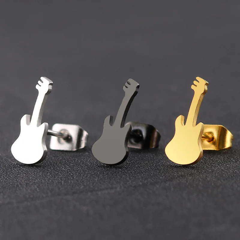 CHUKUI Rock Gold Guitar Earrings Men Women Stainless Steel Black Fashion Musical Instruments Jewelry Ear Stud (3)