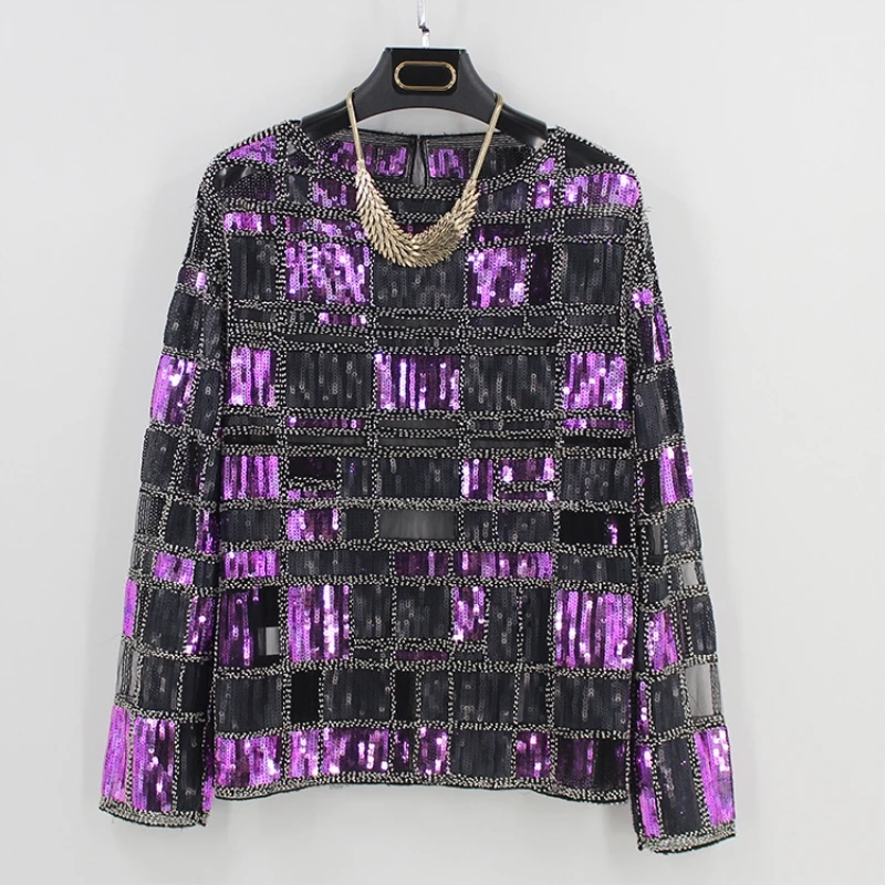 Женская блузка в клетку с длинным рукавом и блестками|camisas mujer|shirt embroideryplaid blouse |