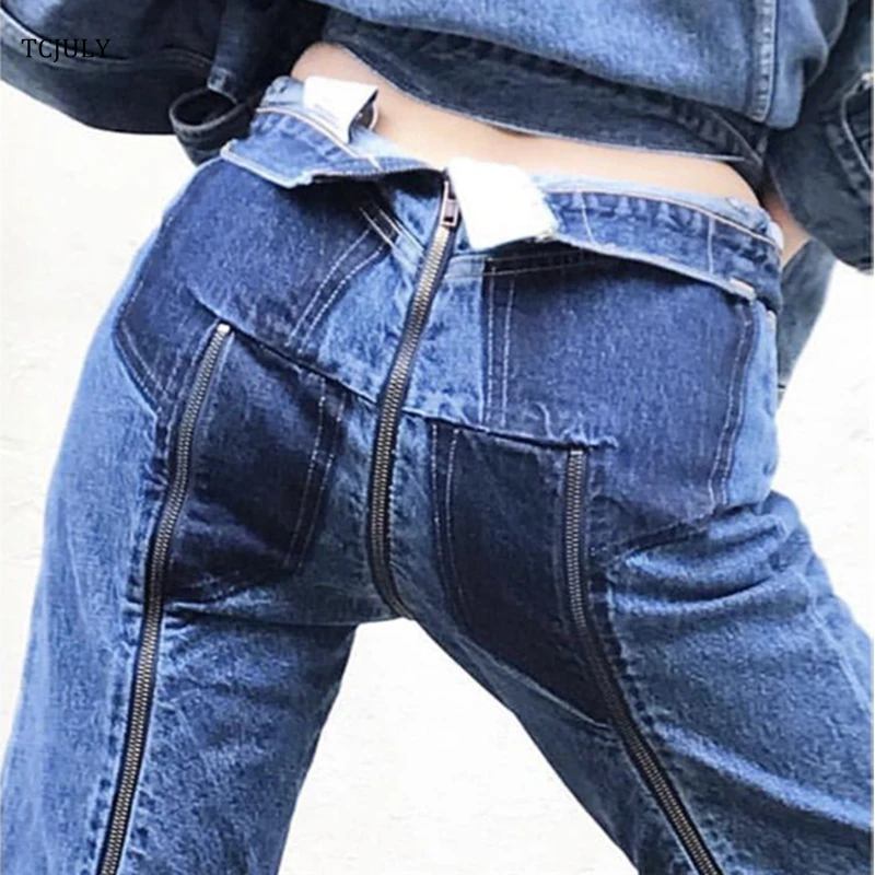 TCJULY Fashion Jeans With Zipper Back Bottom Irregular Design Slim Streetwear Blue Jeans Cotton Stretch Jeans Cowboy Pants Woman