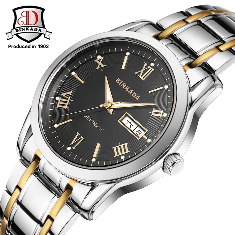 

2019 NEW Fashion Men BINKADA Top Brand Gold Luxury Wristwatches Self wind Automatic Mechanical Calendar Leather Watch Clock