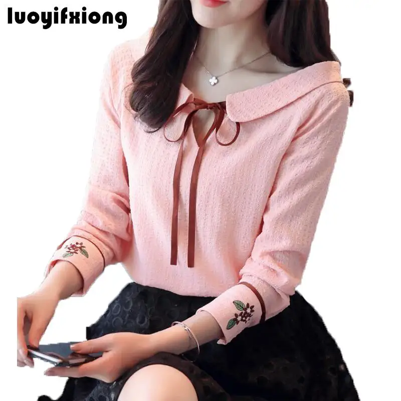 

Women Chiffon Blosue Fashion Peter Pan Collar Bow Long Sleeves Flower Embroidery Womens Tops and Blouses Casual Blusas Femininas