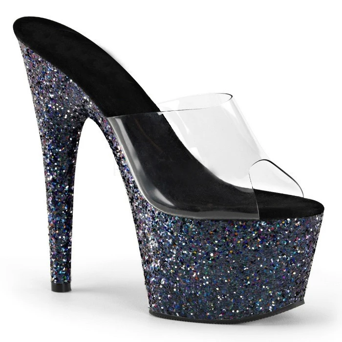 

15cm 17cm Sexy High-heeled Shoes Popular European And American Fashion Black Laser Sequins Model Walking Fine-heeled Sandals