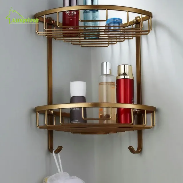 Space Aluminum Bathroom Shelf Antique Brass Double Layer Corner Adorable Baskets For Corner Shelves Space Aluminum Bathroom Shelf Antique Brass Double Layer Corner Adorable Baskets For Corner Shelves