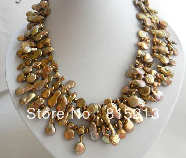 

ddh001690 3Strands 18'' 10mmx19mm Champagne Baroque Coin Freshwater Pearl Crystal Necklace