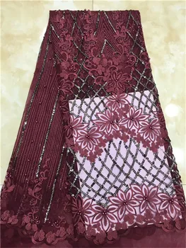 

High Quality Tulle Lace wine Latest African Lace Fabric 3d Flower beads sequins Afican French Wedding Lace Fabric For 5Yards