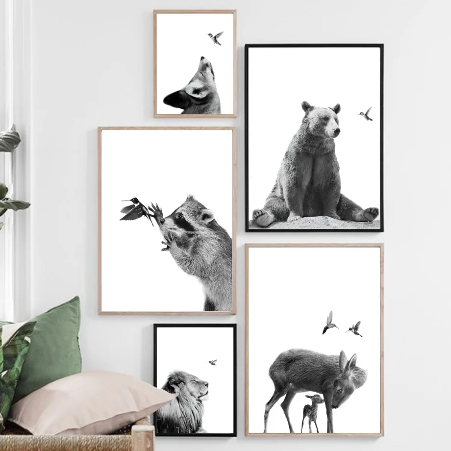Милый медведь коала олень лиса птица черно-белые скандинавские плакаты и принты настенные художественные картины на холсте настенные картины для декора гостиной