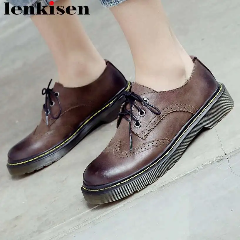 

2019 popular vintage Brogue shoes real cow leather lace up British style low heels pumps campus dating big size daily shoes L28