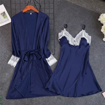 

Sexy Pink Spring 2Pcs Robe Suit Strap Top Kimono Sleepwear Sets Casual Womens Home Wear Pajamas Nightwear Bath Gown M L XL