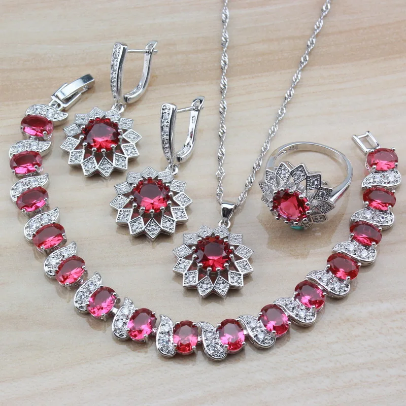 

Bridal Wedding Costume 925 Silver Rose Red CZ Jewelry Sets For Women Earrings/Necklace/Bracelet/Ring Handse Independent Gift Box