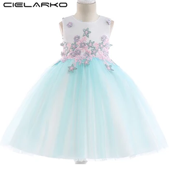 

Cielarko Girls Blue Dress Flower Princess Wedding Party Kids Dresses Fashion Elegant Children Ball Gown Frocks for 3-10 Years
