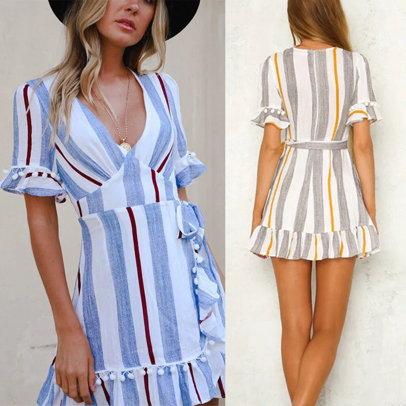 Женское мини платье в полоску Boho летнее с коротким рукавом и оборками