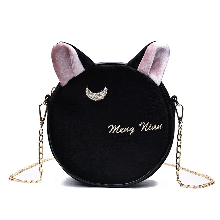 

Cute Fun Cartoon Sailor Moon Luna Cat Messenger Shouler Bag Women Round Bolsa Purse Chains Plush Cat Ears Ladies Crossbody Bag