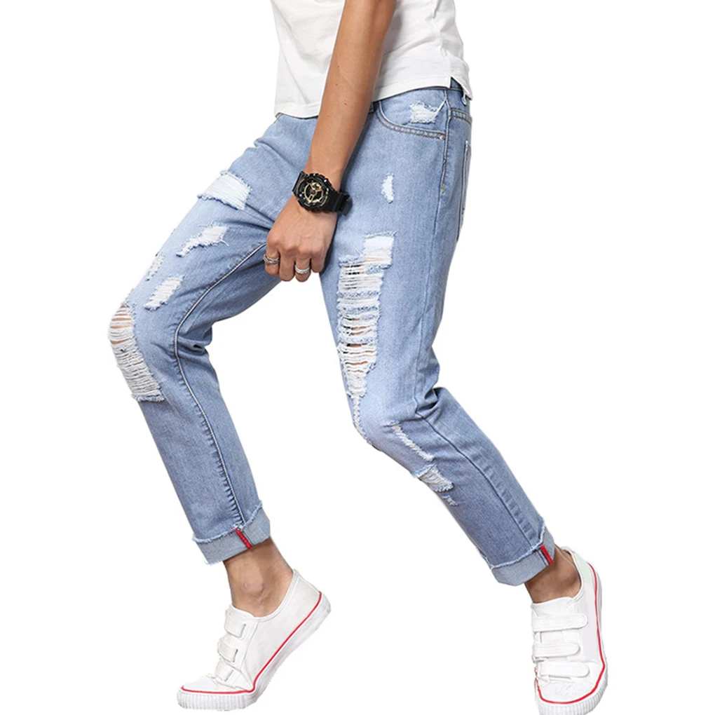 Men Low Waist Hole Light colored Pants Casual Jeans Large Size Slim Trousers Male Autumn