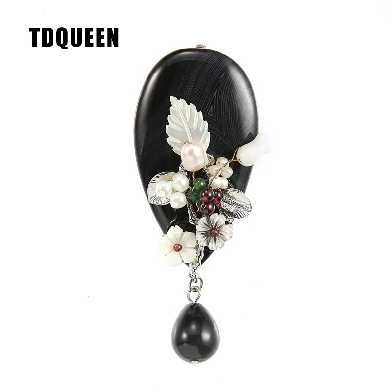 TDQUEEN Brooches Black Natural Stone Broches Shell Flower Safety Pin Jewelry Freshwater Pearl Beads Brooches for Women