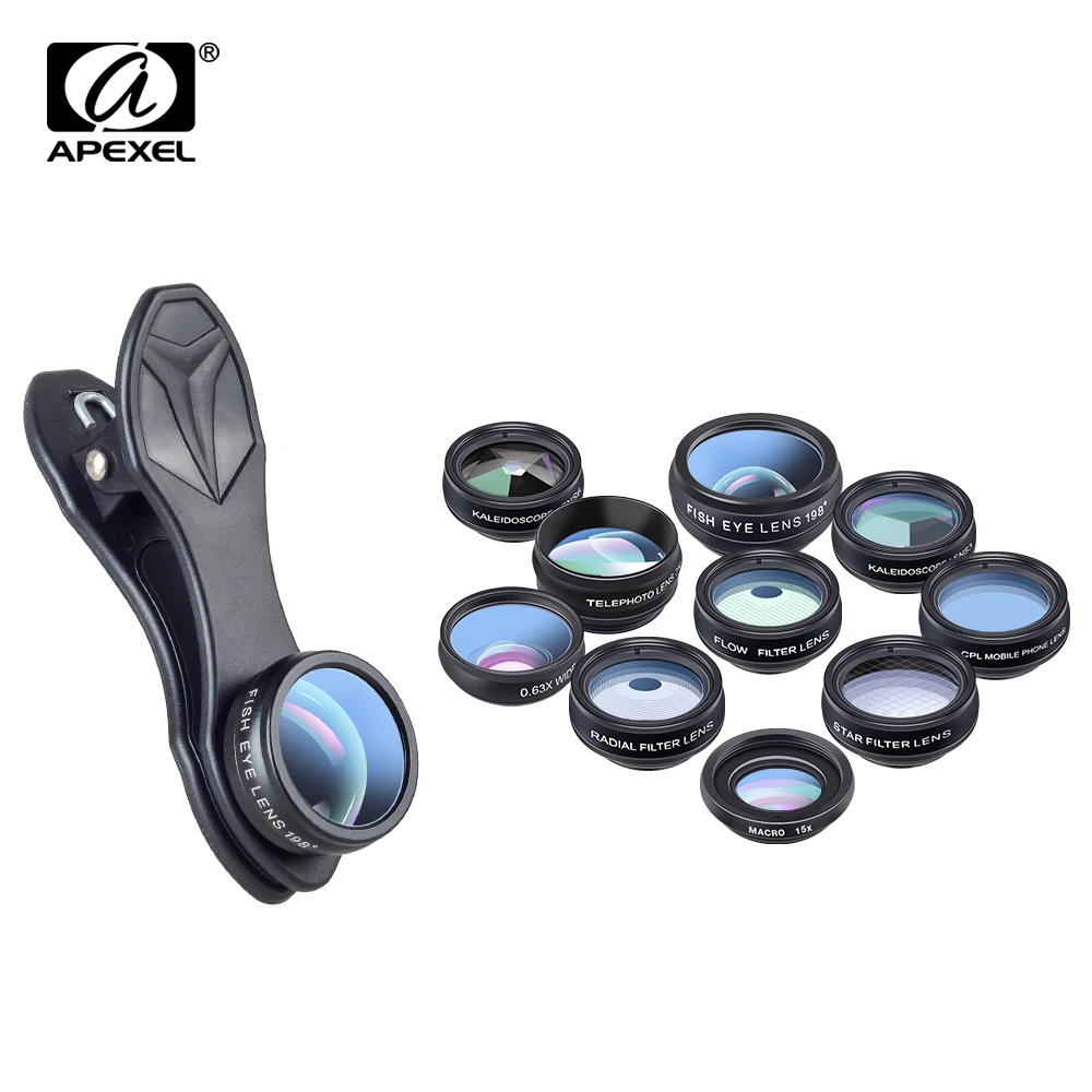 APEXEL 10 في 1 الهاتف عدسة الكاميرا كيت فيش زاوية واسعة ماكرو عدسة مرشح CPL المشكال و 2X عدسة مجهر للهواتف الذكية APEXEL 10 في 1 الهاتف عدسة الكاميرا كيت فيش زاوية واسعة ماكرو عدسة مرشح CPL المشكال و 2X عدسة مجهر للهواتف الذكية