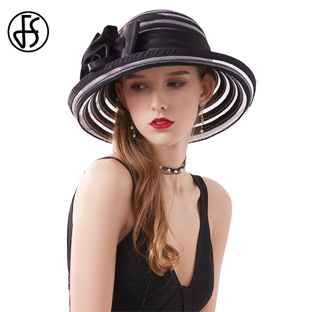 

FS Summer Black White Wide Brim Fascinators Sinamay Hat For Women Elegant Wedding Tea Party Hats Church Fedora Chapeau Femme