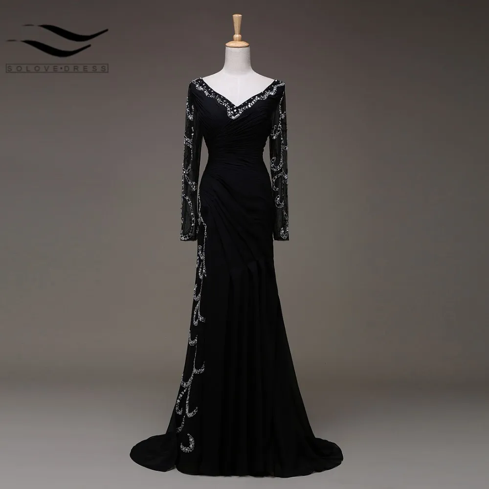 Вечернее платье, новинка, черное шифоновое роскошное платье с бусинами и длинным рукавом, праздничное платье для матери невесты