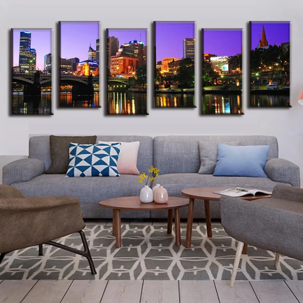 

6 Pcs/set Landscape City Over Lake In Purple Night Painting Printed On Canvas Modern City Building Purple Wall Art Home Decor