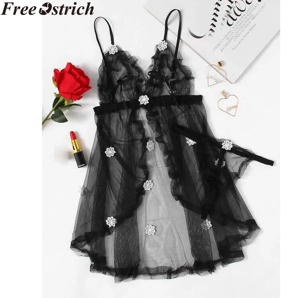 

New Women Sexy Black Lingerie Flower Detail Mesh Slip Set Babydoll Nightwear Lace G-String Underwear Sleevless V-Neck Sexy Hot