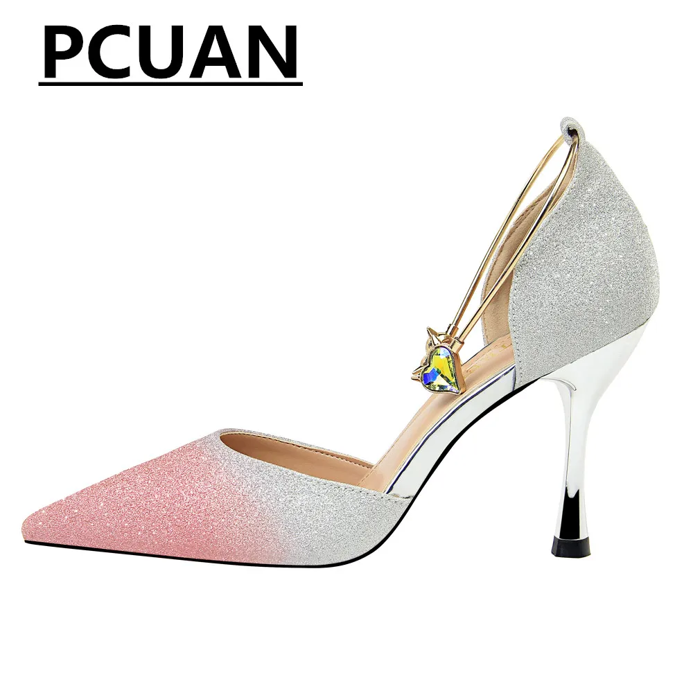 

2018 fashion new women's shoes high-heeled color matching color gradient hollow pointed rhinestone metal word with sandals