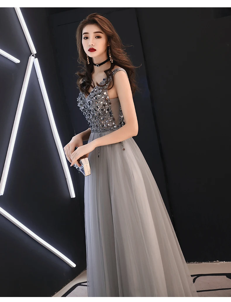 Beauty Emily Long Grey Luxury Beads Evening Dresses 2019 Backless V-Neck Floor-Length Formal Party Evening Prom Dresses Gowns Beauty Emily Long Grey Luxury Beads Evening Dresses 2019 Backless V-Neck Floor-Length Formal Party Evening Prom Dresses Gowns