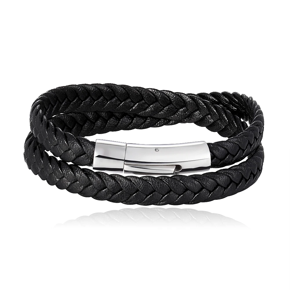 

Fashion Multilayer Genuine Leather Bracelet for Men Jewelry Stainless Steel Bangle Punk Braid Black Brown Chain Magnetic