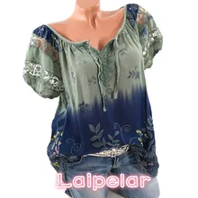 5XL Plus Size Women Hollow Out Lace Splice Blouse Summer Clothes V Neck Tie Bow Print Bohemian Floral Blouses WS6922U Laipelar cut out tie front abstract print blouse