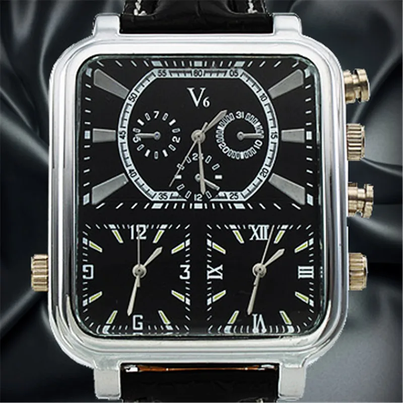 

Top Brand V6 Military Quartz Watch Casual Big Size Rectangle Steel Case 3 Movement Black Leather Strap Men Sport Watches For Men