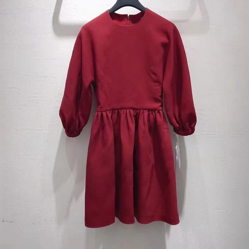 

2019 New Fall High Quality Sleeve Red Pleated Mini Round Neck Lantern Sleeve Women's Mini Dress Shein Vestidos