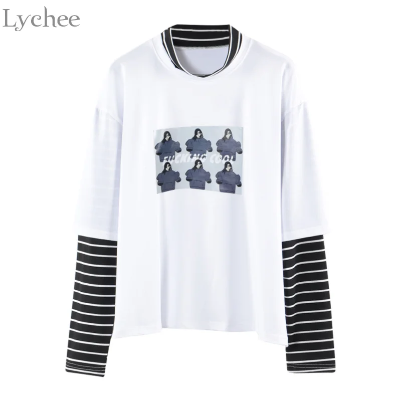 Lychee весна осень женская футболка с буквенным принтом в полоску Лоскутная Повседневная Свободная футболка с длинным рукавом