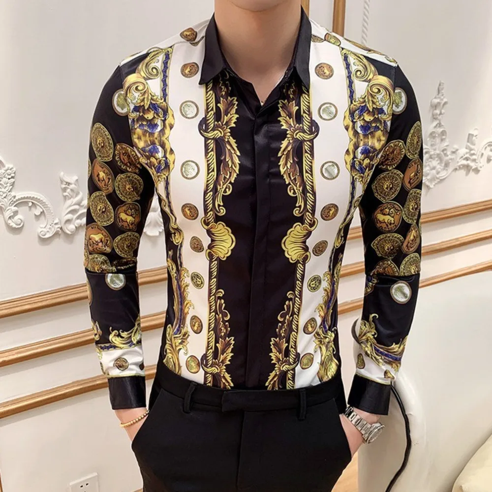

Luxury Gold Print Men Shirt Casual Slim Fit Long Sleeve Male Dress Shirts Club Work Vintage Tuxedo Shirt Camisa Social Masculina