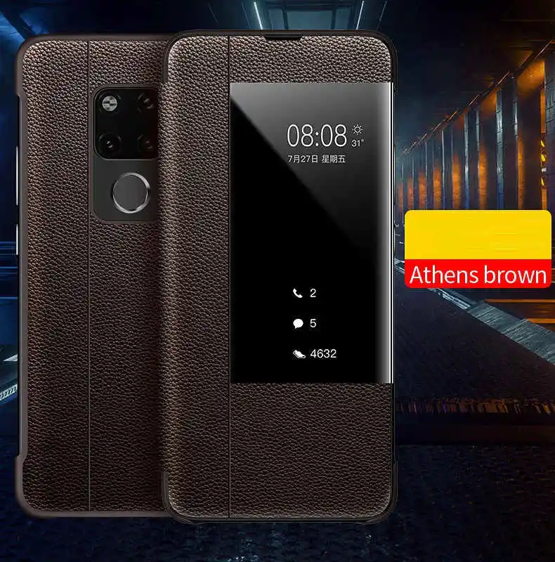 Smart Touch Window View Genuine Leather Flip Cover Case For Huawei P30 P20 lite Mate 9 10 20 Pro Phone Case For Huawei P10 Plus - Цвет: brown