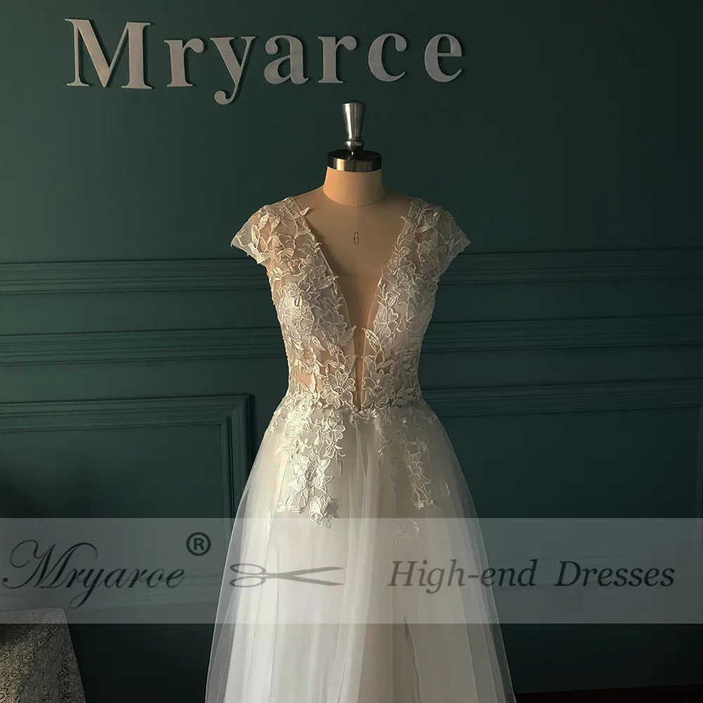 Mryarce 2019 Sexy V Neck Lace Appliques Tulle A Line Open Legs Open Back Wedding Dress Bridal Gowns  (4)