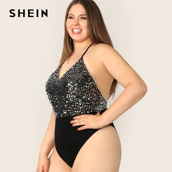 

SHEIN Plus Size Contrast Sequin Bodice Backless Halter Bodysuit Women Solid 2019 Summer Sexy And Club Sleeveless Plus Bodysuits