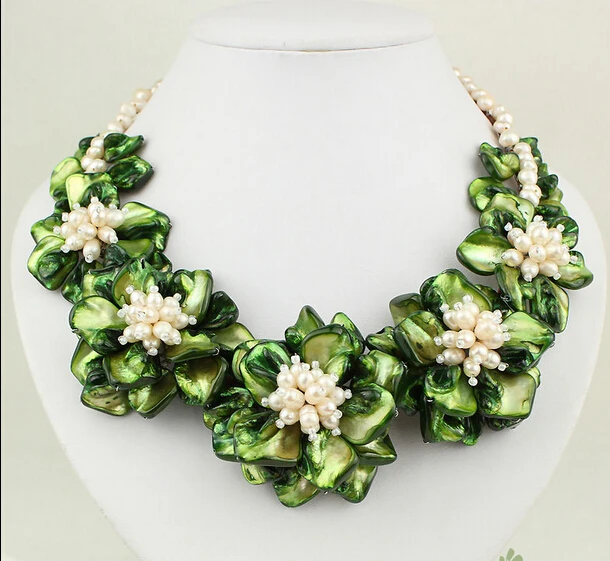 

shippingN12103103 green shell white freshwater pearl flower necklace earrings set