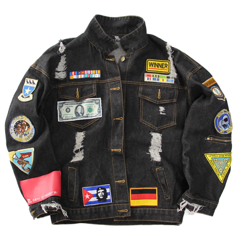 

Men's Cool Embroidery Badge Ripped Denim Jacket Loose Dollar Germany Flag Patchs Design Jeans Bomber Jacket Coat Frayed Outwear