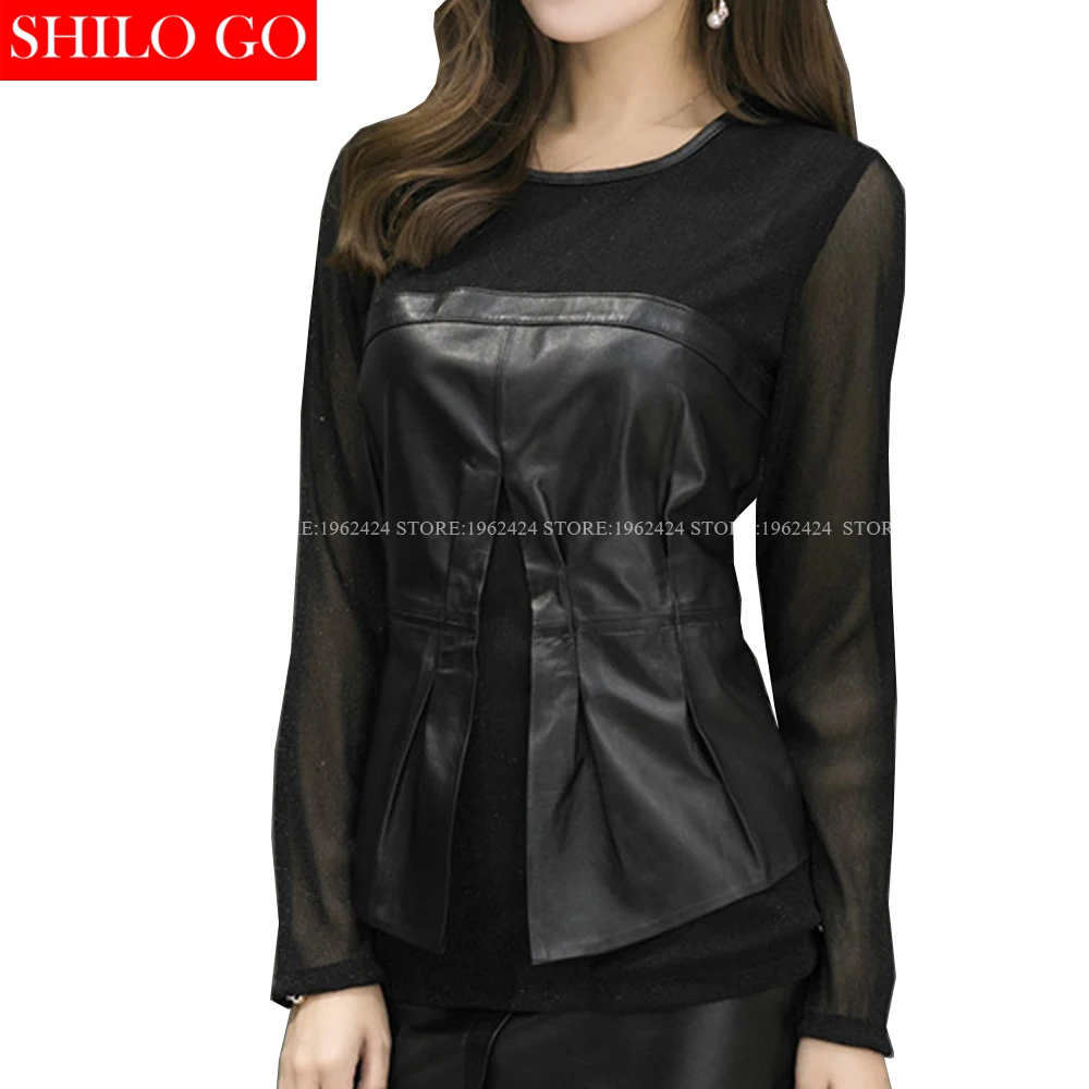 

SHILO GO Fashion Street Women Short European Sexy Transparent Shirt Leather sheepskin Genuine Skirt Ladies Chiffon Ruffles Shirt