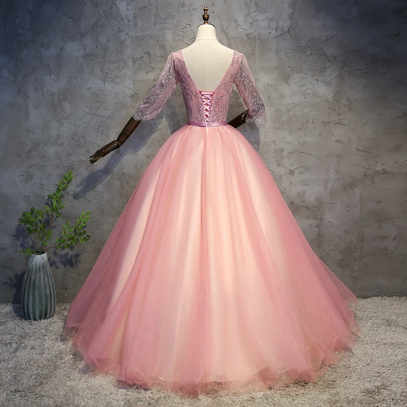 Розовое Бальное Платье кружевные платья для Quinceanera с длинным рукавом 15 милые