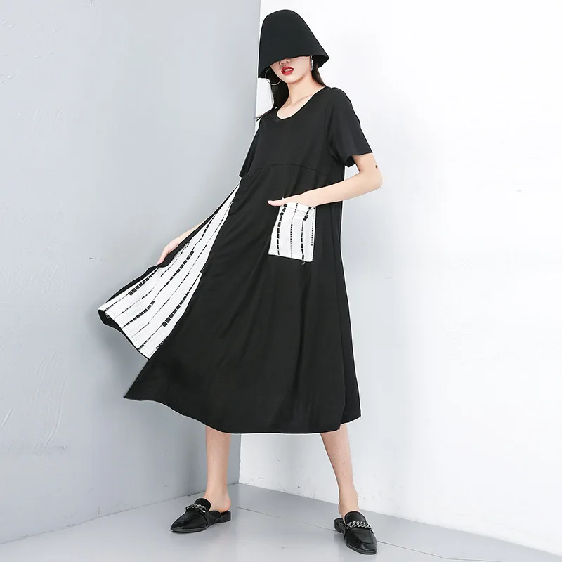

2019 Summer Women Short Sleeve O-neck Loose Casual Long Irregular Dress Female Streetwear Gothic Fashion Spliced Dresses