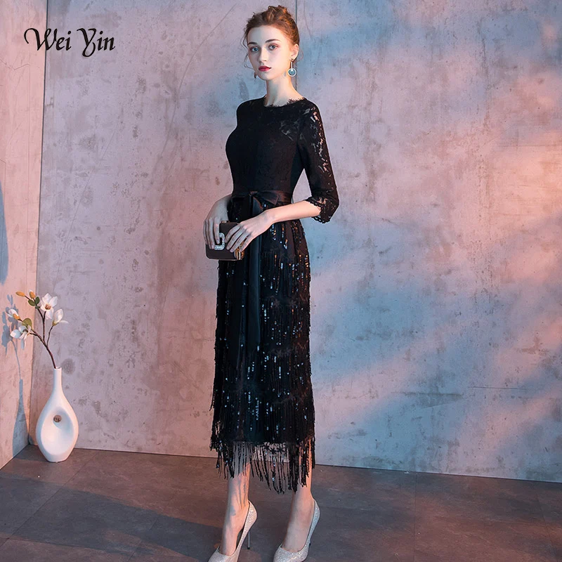 

wei yin 2023 Elegant Evening Dresses Mermaid Long Half Sleeve Lace Tea Length Cheap Party Dresses Black Evening Gowns WY1637